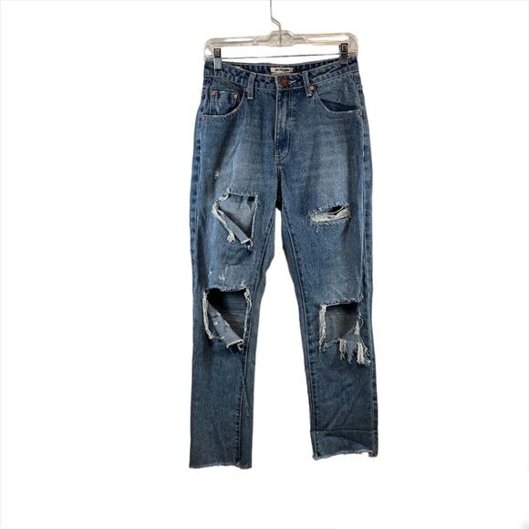One Teaspoon Straight Leg Medium Wash Distressed Denim Jeans Size Woman's 26 - Picture 1 of 6